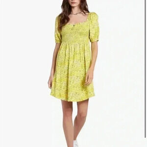 Volcom Wanna Have Fun Mini green and yellow floral smocked Dress